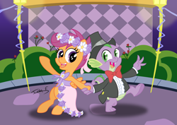 Size: 3508x2481 | Tagged: safe, artist:memprices, imported from derpibooru, scootaloo, spike, dragon, pegasus, pony, a canterlot wedding, bipedal, clothes, dancing, dress, female, filly, flower filly, flower girl, flower girl dress, foal, hat, high res, male, request, requested art, scootaspike, shipping, straight, suit, top hat, tuxedo, vector