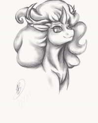 Size: 1628x2048 | Tagged: safe, artist:ask-y, imported from derpibooru, oc, oc only, oc:callisto, changepony, hybrid, unicorn, bust, grayscale, horn, interspecies offspring, monochrome, offspring, parent:princess luna, parent:thorax, parents:thuna, simple background, smiling, solo, traditional art, unicorn oc, white background