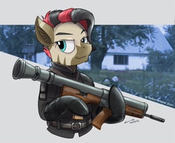 Size: 1920x1573 | Tagged: safe, artist:buckweiser, imported from derpibooru, oc, oc only, oc:matuta, zebra, assault rifle, commission, female, gun, niva xm1970, prototype, recoilless rifle, rifle, solo, weapon, ych result, your character here