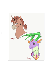 Size: 1536x2048 | Tagged: safe, artist:ask-y, imported from derpibooru, oc, oc only, hybrid, unicorn, bust, duo, horn, interspecies offspring, magical gay spawn, male, offspring, parent:spike, parent:thorax, parents:thoraxspike, simple background, stallion, traditional art, transparent background, unicorn oc