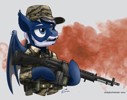 Size: 1920x1512 | Tagged: safe, artist:buckweiser, imported from derpibooru, oc, oc:moon chaser, bat pony, bat pony oc, commission, gun, machine gun, male, soldier, solo, weapon, ych result, your character here