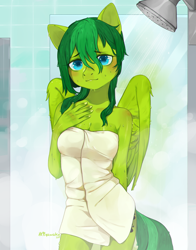 Size: 1800x2300 | Tagged: safe, artist:qawakie, imported from derpibooru, oc, oc only, oc:evergreen feathersong, anthro, pegasus, blushing, clothes, commission, female, indoors, pegasus oc, shower, solo, towel, wings, ych result