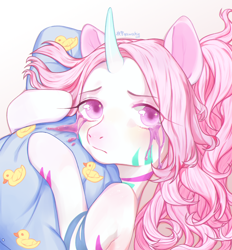 Size: 1300x1400 | Tagged: safe, artist:qawakie, imported from derpibooru, oc, oc only, pony, unicorn, crying, female, horn, hug, makeup, mare, pillow, pillow hug, running makeup, simple background, solo, unicorn oc, white background