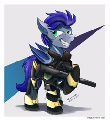 Size: 1961x2160 | Tagged: safe, artist:buckweiser, imported from derpibooru, oc, oc only, oc:fuzz moonshadow, bat pony, armor, bat pony oc, fangs, grin, gun, sierra nevada, smiling, submachinegun, weapon