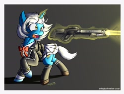 Size: 1920x1448 | Tagged: safe, artist:buckweiser, imported from derpibooru, oc, oc only, oc:bright drive, unicorn, clothes, female, laser gun, magic, running away, school uniform, solo