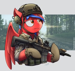 Size: 1898x1812 | Tagged: safe, artist:buckweiser, imported from derpibooru, oc, oc only, oc:ivory flare, pegasus, american flag, carbine, clothes, commission, escape from tarkov, female, gun, m4, mk18, reflex sight, rifle, solo, weapon, ych result, your character here