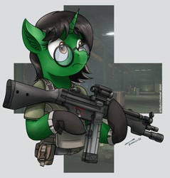 Size: 1920x2009 | Tagged: safe, artist:buckweiser, imported from derpibooru, oc, oc:ambitious gossip, unicorn, commission, female, glasses, gun, mp5, solo, submachinegun, weapon, ych result, your character here