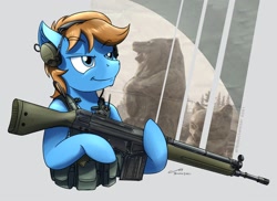 Size: 1920x1400 | Tagged: safe, artist:buckweiser, imported from derpibooru, oc, oc:wild wheels, earth pony, commission, g3a3, gun, headset, male, rifle, solo, weapon, ych result, your character here