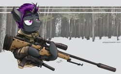 Size: 2160x1325 | Tagged: safe, artist:buckweiser, imported from derpibooru, oc, oc:viper, unicorn, awm, commission, gun, heckler and koch, l115a3, male, mp7, rifle, sniper, sniper rifle, solo, suppressor, weapon, ych result, your character here