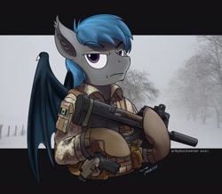 Size: 1920x1677 | Tagged: safe, artist:buckweiser, imported from derpibooru, oc, oc:nocturne star, bat pony, bat pony oc, commission, gun, jtf2, male, p90, pdw, solo, submachinegun, weapon, ych result, your character here