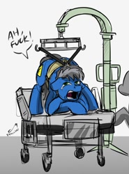 Size: 596x807 | Tagged: safe, artist:buckweiser, imported from derpibooru, oc, oc:buckminster, earth pony, pony, back, bed, crying, face down ass up, faceless ponies, hospital bed, jack-o challenge, meme, pain, sketch, tears of pain, vulgar