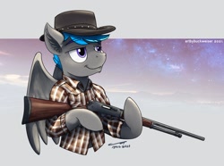 Size: 1920x1427 | Tagged: safe, artist:buckweiser, imported from derpibooru, oc, oc:wild pine, pegasus, commission, cowboy hat, flannel shirt, gun, hat, henry rifle, male, rifle, stetson, weapon, ych result, your character here