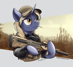 Size: 1920x1773 | Tagged: safe, artist:buckweiser, imported from derpibooru, oc, oc:blasting cap, unicorn, commission, female, gun, mdrx, rifle, solo, weapon, ych result, your character here