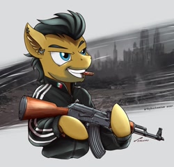 Size: 1920x1854 | Tagged: safe, artist:buckweiser, imported from derpibooru, oc, oc:jack taylor, pegasus, ak-47, assault rifle, cigar, commission, five o'clock shadow, gun, male, rifle, solo, tracksuit, weapon, ych result, your character here