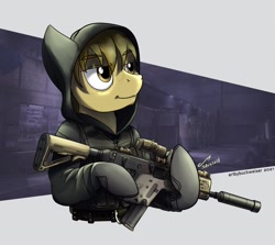 Size: 1920x1709 | Tagged: safe, artist:buckweiser, imported from derpibooru, oc, oc:chocolate chips, earth pony, clothes, commission, eotech, gun, hoodie, male, sas, solo, submachinegun, suppressor, vector, weapon, ych result, your character here