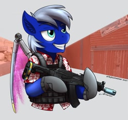 Size: 1920x1811 | Tagged: safe, artist:buckweiser, imported from derpibooru, oc, oc:inheart star, ak-47, artificial wings, assault rifle, augmented, clothes, commission, gun, hardlight, hawaiian shirt, mechanical wing, rifle, shirt, solo, weapon, wings, ych result, your character here