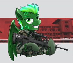 Size: 1920x1681 | Tagged: safe, artist:buckweiser, imported from derpibooru, oc, oc:daylight, pegasus, commission, glowing, gun, national service, rifle, sar-21, singapore, solo, weapon, ych result, your character here