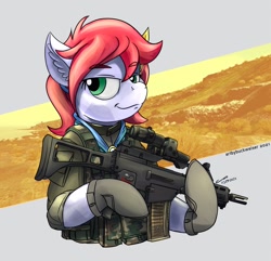 Size: 1920x1853 | Tagged: safe, artist:buckweiser, imported from derpibooru, oc, oc:azimuth wayfarer, crystal pony, commission, eotech, female, g36c, gun, rifle, solo, weapon, ych result, your character here