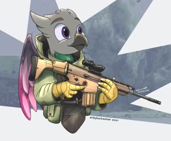 Size: 1920x1587 | Tagged: safe, artist:buckweiser, imported from derpibooru, oc, oc only, oc:milk, griffon, bombproof suit, commission, gun, rifle, scar-h, solo, weapon, ych result, your character here