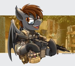 Size: 1920x1700 | Tagged: safe, artist:buckweiser, imported from derpibooru, oc, oc:night dice, bat pony, bat pony oc, body armor, commission, glasses, gun, m4a1, male, mk18, rifle, solo, weapon, ych result, your character here