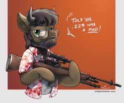 Size: 1920x1590 | Tagged: safe, artist:buckweiser, imported from derpibooru, oc, oc:papayeo, buffalo, earth pony, clothes, commission, glasses, gun, hawaiian shirt, hybrid oc, m14, m1a, male, rifle, shirt, solo, weapon, ych result, your character here