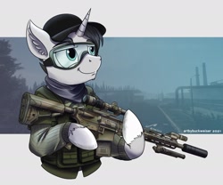 Size: 1920x1599 | Tagged: safe, artist:buckweiser, imported from derpibooru, oc, oc:jack rabbit, unicorn, ar-15, commission, escape from tarkov, goggles, gun, hat, male, rifle, solo, weapon, ych result, your character here