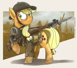 Size: 1920x1714 | Tagged: safe, artist:buckweiser, imported from derpibooru, applejack, earth pony, pony, bayonet, female, gas mask, helmet, mask, patreon exclusive, shellshock, solo, tin hat, world war i, yankee brigade studios