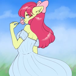 Size: 1000x1000 | Tagged: safe, artist:yutakira92, imported from derpibooru, apple bloom, anthro, earth pony, adorabloom, adorasexy, backless, bare shoulders, bow, clothes, cute, dress, female, flower, hair bow, looking at you, looking back, looking back at you, mare, older, older apple bloom, sexy, solo, strapless