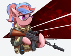 Size: 1920x1518 | Tagged: safe, alternate version, artist:buckweiser, imported from derpibooru, oc, oc:bree, unicorn, akm, commission, female, gun, radio, rifle, supressor, weapon, ych result, your character here