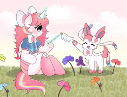 Size: 2844x2176 | Tagged: safe, artist:arwencuack, imported from derpibooru, oc, oc only, oc:nekonin, alicorn, semi-anthro, sylveon, alicorn oc, blushing, cat toy, clothes, crossdressing, femboy, flower, horn, magic, male, pokémon, shoes, skirt, telekinesis, wings