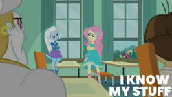 Size: 1280x720 | Tagged: safe, edit, edited screencap, editor:quoterific, imported from derpibooru, screencap, bulk biceps, fluttershy, trixie, wiz kid, bird, a little birdie told me, equestria girls, equestria girls series, clothes, crossed arms, cutie mark on clothes, female, geode of fauna, hairpin, hoodie, jewelry, magical geodes, male, necklace, sandals