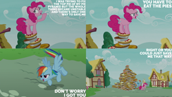 Size: 1280x720 | Tagged: safe, edit, edited screencap, editor:quoterific, imported from derpibooru, screencap, pinkie pie, rainbow dash, earth pony, pegasus, pony, season 7, secrets and pies, female, flying, food, mare, open mouth, open smile, pie, smiling