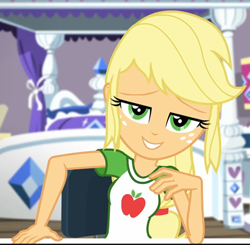 Size: 554x542 | Tagged: safe, edit, edited screencap, imported from derpibooru, screencap, applejack, camping must-haves, equestria girls, equestria girls series, spoiler:eqg series (season 2), applejacked, clothes, hatless, missing accessory, muscles, shirt, t-shirt