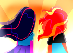 Size: 1228x895 | Tagged: safe, artist:hiumatve, imported from derpibooru, sunset shimmer, twilight sparkle, equestria girls, duo, duo female, female, rear view, sunset