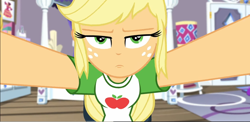 Size: 1114x545 | Tagged: safe, edit, edited screencap, imported from derpibooru, screencap, applejack, camping must-haves, equestria girls, equestria girls series, spoiler:eqg series (season 2), annoyed, applejacked, clothes, cute, freckles, hatless, missing accessory, muscles, rarity's bedroom, shirt, t-shirt