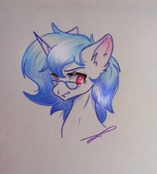 Size: 1461x1626 | Tagged: source needed, safe, artist:svetochek, imported from derpibooru, oc, oc only, oc:aurora ise, pony, unicorn, bust, glasses, portrait, solo, traditional art