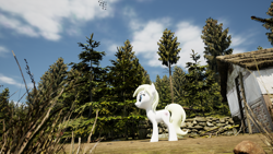 Size: 3840x2160 | Tagged: safe, artist:horsesexhaver, imported from derpibooru, oc, oc:aryanne, bird, pony, 3d, 3d render, cloud, day, female, forest, house, mare, nazi, render, scenery, sky, solo, tree, unreal engine