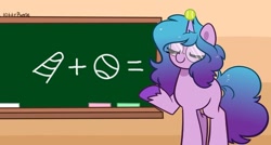 Size: 680x365 | Tagged: safe, artist:kittyrosie, edit, editor:flynnmlp, imported from derpibooru, izzy moonbow, pony, unicorn, ball, chalk, chalkboard, exploitable meme, female, g5, horn, izzy's tennis ball, mare, meme, mirrored, my little pony: a new generation, signature, solo, tennis ball