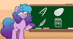 Size: 2048x1098 | Tagged: safe, artist:kittyrosie, edit, editor:flynnmlp, imported from derpibooru, izzy moonbow, pony, unicorn, bing bong, chalk, chalkboard, exploitable meme, feather, female, food, g5, horn, mare, mayonnaise, meme, my little pony: a new generation, sauce, signature, solo, wings