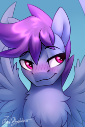 Size: 2000x3000 | Tagged: safe, artist:jedayskayvoker, imported from derpibooru, oc, oc only, oc:windy dripper, pegasus, pony, blushing, bust, chest fluff, eyebrows, eyebrows visible through hair, fluffy, gradient background, icon, male, pegasus oc, raised eyebrow, reward, solo, spread wings, stallion, wingboner, wings