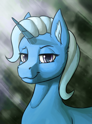 Size: 1248x1680 | Tagged: safe, artist:stardustspix, imported from derpibooru, trixie, pony, unicorn, equestria at war mod, abstract background, bust, ear fluff, horn, lidded eyes, looking at you, portrait, smug, solo