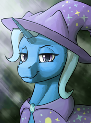 Size: 1248x1680 | Tagged: safe, alternate version, artist:stardustspix, imported from derpibooru, trixie, pony, unicorn, equestria at war mod, :t, abstract background, bust, cape, clothes, ear fluff, eyebrows, female, gem, hat, horn, lidded eyes, looking at you, mare, palindrome get, portrait, smiling, smug, solo, trixie's cape, trixie's hat