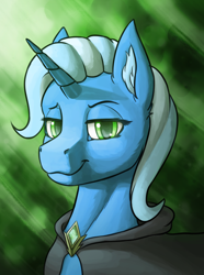 Size: 1248x1680 | Tagged: safe, alternate version, artist:stardustspix, imported from derpibooru, trixie, pony, unicorn, equestria at war mod, abstract background, brooch, bust, cloak, clothes, ear fluff, gem, glowing, glowing eyes, green eyes, horn, jewelry, lidded eyes, looking at you, portrait, smug, solo