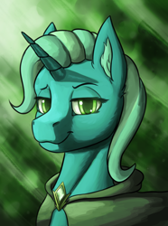 Size: 1248x1680 | Tagged: safe, alternate version, artist:stardustspix, imported from derpibooru, trixie, pony, unicorn, equestria at war mod, abstract background, brooch, bust, cloak, clothes, ear fluff, gem, glowing, glowing eyes, green eyes, horn, jewelry, lidded eyes, looking at you, portrait, smug, solo