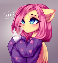 Size: 2800x3030 | Tagged: safe, artist:shavurrr, imported from derpibooru, fluttershy, pegasus, pony, blushing, clothes, cup, cute, daaaaaaaaaaaw, female, floppy ears, food, long sleeves, looking up, mare, shyabetes, simple background, solo, steam, sweater, tea, teacup, weapons-grade cute