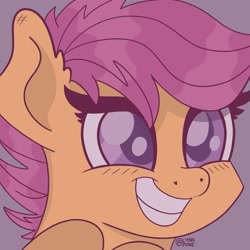 Size: 1773x1773 | Tagged: safe, artist:lynnpone, imported from derpibooru, scootaloo, pegasus, pony, close-up, cute, cutealoo, ear fluff, gritted teeth, simple background, smiling, solo, teeth