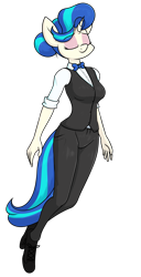 Size: 1521x2965 | Tagged: safe, artist:moonatik, imported from derpibooru, dj pon-3, vinyl scratch, anthro, unguligrade anthro, unicorn, bowtie, breasts, clothes, eyeshadow, hair bun, makeup, pants, shirt, shoes, simple background, solo, transparent background, vinyl class, waistcoat