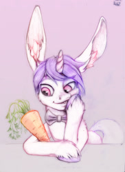 Size: 1398x1920 | Tagged: safe, artist:fantdragon, colorist:xbi, imported from derpibooru, oc, oc only, oc:lapush buns, pony, unicorn, bowtie, bunny ears, bunnycorn, carrot, digital art, digitally colored, food, gradient background, mixed media, solo, traditional art