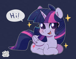 Size: 1280x995 | Tagged: safe, artist:talimingi, imported from derpibooru, twilight sparkle, alicorn, pony, blue background, blushing, colored pupils, cute, dialogue, hi, looking at you, lying, ponyloaf, prone, purple background, simple background, smiling, solo, sparkles, speech bubble, talking to viewer, twiabetes, twilight sparkle (alicorn)