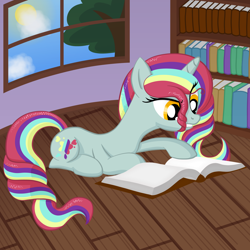 Size: 2000x2000 | Tagged: safe, artist:magicpebbles, imported from derpibooru, oc, oc only, oc:nebula splash, pony, unicorn, base used, book, bookshelf, eye clipping through hair, female, gritted teeth, high res, hooves, horn, indoors, lying down, mare, multicolored mane, multicolored tail, prone, solo, tail, tree, unicorn oc, window, yellow eyes